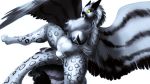  2015 anthro avian beak big_breasts breasts egg felid female gibbs_(onom) gryphon hand_on_breast hybrid mammal nipples nude oviposition pantherine pussy_juice simple_background snow_leopard solo surprise thick_thighs watsup white_background wings yellow_sclera 