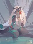  2019 anthro belt black_fur blush breasts convenient_censorship detailed_background digital_media_(artwork) dipstick_ears dipstick_tail ear_piercing ear_ring electrycpynk fatima_eaglefeather felid feline female forest fur hair inner_ear_fluff jewelry long_hair mammal markings multicolored_ears multicolored_tail neck_tuft necklace nude orange_eyes orange_sclera outside partially_submerged piercing sdorica_sunset signature sitting solo tree tribal tuft unknown_species video_games white_hair 