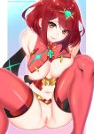  1girl breasts homura_(xenoblade_2) inverted_nipples large_breasts looking_back nipples pussy red_hair short_hair sitting smile solo spread_legs tofuubear xenoblade_(series) xenoblade_2 