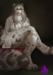  breasts clothing crossed_legs felid female fur grey_fur grey_spots looking_at_viewer mammal neck_tuft pantherine pink_lips sitting snow_leopard spots tuft unknownanimal237 white_clothing 