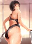  1girl :&lt; amagami ass back_cutout bangs black_hair brown_eyes commentary competition_swimsuit from_behind furrowed_eyebrows highres light_blush looking_back looking_down nanasaki_ai nozomi-y one-piece_swimsuit over_shoulder pool railing swimsuit wet 