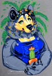  2019 anthro black_bear black_claws black_hair black_nose cactus claws clothed clothing danji-isthmus female flora_fauna front_view fur green_eyes grey_background grey_fur hair half-length_portrait hi_res holding_object looking_at_viewer mammal moon_bear multicolored_fur overalls plant portrait short_hair signature simple_background solo traditional_media_(artwork) two_tone_fur ursid ursine yellow_fur 