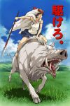  1girl armlet boar brown_hair clenched_teeth cloud collar earrings facepaint facial_mark grass happoubi_jin headband headdress highres jewelry lance mask mononoke_hime necklace okkotonushi outdoors pig polearm profile riding san serious skirt sky teeth tongue tusks weapon 