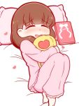  =_= brown_hair closed_eyes diary eyebrows_visible_through_hair happy highres hug idolmaster idolmaster_cinderella_girls komaru_pn legs_together p-head_producer pajamas pillow sakuma_mayu short_hair sleeping 