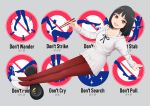  1girl :d arm_support black_hair brown_eyes brown_legwear chopstick_rest chopsticks commentary holding holding_chopsticks hood hoodie looking_at_viewer medium_hair open_mouth original pantyhose pleated_skirt sign skirt smile solo translated yajirushi_(chanoma) 
