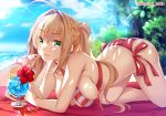  1girl ahoge all_fours bangs beach beach_mat bikini blonde_hair blue_sky blush breasts criss-cross_halter day earrings eyebrows_visible_through_hair fate/grand_order fate_(series) green_eyes hair_intakes halterneck izumi_akane jewelry large_breasts long_hair looking_at_viewer navel nero_claudius_(fate) nero_claudius_(fate)_(all) nero_claudius_(swimsuit_caster)_(fate) ocean outdoors sand side-tie_bikini sidelocks sky smile solo striped striped_bikini sunlight swimsuit tropical_drink twintails twitter_username 