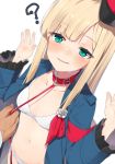  1girl ? bangs blonde_hair blue_coat blue_eyes blurry blurry_background blush bra breasts coat collar collarbone commentary_request dog_collar eyebrows_visible_through_hair fate/grand_order fate_(series) frilled_sleeves frills hands_up hat holding_leash leash long_hair navel no_pants open_clothes open_coat panties parted_lips peaked_cap red_collar reines_el-melloi_archisorte simple_background small_breasts solo_focus straight_hair sweat tilted_headwear underwear white_background white_bra white_panties yuuzuki_(re&#039;ef) 