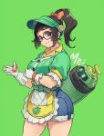  1girl alternate_color alternate_costume alternate_hairstyle apron bangs black-framed_eyewear bow breasts brown_eyes brown_hair character_name collared_shirt cowboy_shot cutoffs denim denim_shorts glasses gloves green_background green_headwear green_shirt hat head_tilt high_ponytail highres looking_at_viewer mei_(overwatch) name_tag overwatch ponytail puffy_short_sleeves puffy_sleeves putting_on_gloves robot round_eyewear shirt short_shorts short_sleeves shorts simple_background smile snowball_(overwatch) solo standing thighs visor_cap waist_apron waitress white_gloves wristband 