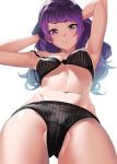  1girl armpits arms_behind_head arms_up bangs bare_shoulders black_bra black_panties blush bra breasts closed_mouth diagonal_bangs fukushi_ryouhei highres idolmaster idolmaster_shiny_colors lighting long_hair looking_at_viewer navel panties purple_eyes purple_hair simple_background small_breasts solo tanaka_mamimi thighs underwear white_background 