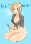  1girl absurdres black_shirt blonde_hair blue_background breasts cocoa_fuumi front-tie_top hair_between_eyes highres jitome looking_at_viewer mole mole_on_neck office_lady original panties sanpaku shirt short_hair simple_background solo summer tied_shirt underwear 