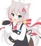  1girl :d ahoge animal_ear_fluff animal_ears apron bangs black_apron blue_eyes blush bow brown_pants cat_ears cat_girl cat_tail collared_shirt commentary_request eyebrows_visible_through_hair fang grey_hair hair_between_eyes hair_bow hair_ornament hairclip hands_up korean_commentary long_hair long_sleeves looking_at_viewer mauve multicolored_hair open_mouth original pants red_bow red_hair red_neckwear shirt simple_background sleeves_past_fingers sleeves_past_wrists smile solo star star_hair_ornament streaked_hair striped striped_bow tail very_long_hair white_background white_shirt 