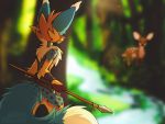  2019 5_fingers anthro blue_fur blurred_background canid canine cervid day detailed_background digital_media_(artwork) forest fox fur holding_object holding_weapon magenta7 mammal melee_weapon outside polearm spear standing tree weapon 