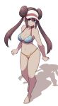  1girl bangs barefoot bikini blue_eyes breasts brown_hair cleavage collarbone double_bun full_body groin hair_between_eyes highres lamb-oic029 long_hair looking_at_viewer medium_breasts mei_(pokemon) navel parted_lips pokemon shadow simple_background solo standing swimsuit twintails visor_cap white_background 