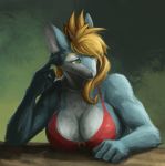  anthro big_breasts blonde_hair blue_fur bra breast_rest breasts clothing dragon ear_tuft female front_view fur furred_dragon green_eyes grey_fur hair horn huge_breasts looking_aside red_clothing red_topwear smile solo topwear tuft underwear yen_rin 