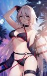  1girl ahoge arm_up armpits bangs bare_arms bare_shoulders bikini black_bikini black_gloves blue_sky blurry blush breasts brown_eyes cleavage cloud collarbone commentary_request cowboy_shot depth_of_field fate/grand_order fate_(series) gloves hair_between_eyes halterneck highres jeanne_d&#039;arc_(alter_swimsuit_berserker) jeanne_d&#039;arc_(fate)_(all) large_breasts leg_belt long_hair long_sleeves looking_at_viewer navel necomi off_shoulder open_mouth outdoors palm_tree shrug_(clothing) signature silver_hair sky smile solo sparkle standing stomach sunset swimsuit thighs tree v-shaped_eyebrows very_long_hair water_drop 