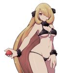  bikini black_bikini blonde_hair breasts brown_eyes cleavage hair_ornament hair_over_one_eye highres lamb-oic029 long_hair looking_at_viewer navel poke_ball pokemon shirona_(pokemon) swimsuit wristband 