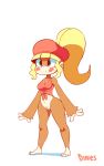  2d_animation animated ape banana barefoot blonde_hair blue_eyes blush bottomless breasts brown_fur casual_nudity clothed clothing diives dixie_kong donkey_kong_(series) edit eyes_closed feet female food fruit fur hair happy hat headgear headwear hi_res jumping long_hair mammal navel nintendo pictographics plant ponytail primate pussy shirt signature simple_background smile solo speech_bubble teeth topwear video_games white_background 