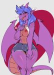  2019 5_fingers anthro areola avante92 blue_hair breasts clothed clothing digital_media_(artwork) dragon female hair horn kassie_(draggysden) membranous_wings non-mammal_breasts open_mouth simple_background smile solo standing teeth tongue wide_hips wings 