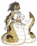  2019 anthro areola bandage bare_shoulders big_breasts breasts curvaceous eyebrows eyelashes female haibet hair huge_breasts nipples non-mammal_breasts nude piercing pit_viper rattlesnake reptile scales scalie simple_background smile snake solo standing thick_hips thick_thighs traditional_media_(artwork) viper voluptuous wide_hips 