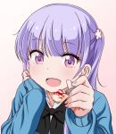  1girl bangs blue_hair blunt_bangs blush flower hair_flower hair_ornament long_hair new_game! open_mouth purple_eyes simple_background solo suzukaze_aoba twintails upper_body white_background 