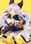  1girl animal_ears armor black_capelet breasts capelet cleavage dress dress_lift fang granblue_fantasy grey_eyes large_breasts layered_dress long_hair nido_celisius open_mouth ribbon satyr_(granblue_fantasy) simple_background solo star star-shaped_pupils symbol-shaped_pupils white_hair yellow_background 