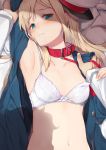  1girl arm_up armpits bed_sheet blonde_hair blue_coat blue_eyes blush bra breasts coat collar collarbone command_spell commentary_request dog_collar fate/grand_order fate_(series) hand_on_another&#039;s_arm hand_on_another&#039;s_shoulder hat head_tilt leash long_hair long_sleeves looking_at_viewer lying navel on_back on_bed open_clothes open_coat parted_lips peaked_cap red_collar reines_el-melloi_archisorte small_breasts solo_focus straight_hair underwear upper_body white_bra yuuzuki_(re&#039;ef) 
