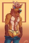  2019 anthro antlers biped blue_eyes body_hair briefs brown_eyebrows brown_fur brown_hair brown_horn bulge capreoline cervid chest_hair clothed clothing digital_media_(artwork) eyebrows feralise front_view fur gradient_background hair hi_res horn looking_at_viewer male mammal multicolored_fur open_pants pants pants_down partially_clothed reindeer rho_(warg) signature simple_background smile solo standing topless underwear undressing white_fur yellow_clothing yellow_underwear 