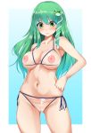  1girl ass_visible_through_thighs bangs bare_arms bare_shoulders bikini blue_background blush border breasts collarbone covered_nipples cowboy_shot eyebrows_visible_through_hair frog_hair_ornament gradient gradient_background green_eyes green_hair hair_between_eyes hair_ornament halterneck hand_on_hip kochiya_sanae large_breasts long_hair looking_at_viewer navel outside_border paburisiyasu pussy see-through side-tie_bikini sidelocks smile snake_hair_ornament solo standing stomach swimsuit thighs touhou white_border 