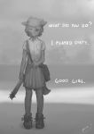  2019 ambiguous_gender anthro asper_(panzery25) bag black_eye_(injury) bottomwear canid canine clothed clothing dialogue english_text fox grey_background greyscale holding_object holding_weapon looking_at_viewer mammal monochrome one_eye_closed panzery25 school_uniform signature simple_background skirt solo stick text uniform unseen_character weapon wounded 