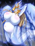  big_breasts blonde_hair breasts dragon feathered_dragon feathered_wings feathers featureless_breasts female hair horn konami pregnant saffira_queen_of_dragons scalie solo wings yu-gi-oh リュニアス 