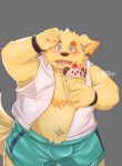  bird_dog blush bon_donuts bottomwear canid canine canis clothing cu_sith_(tas) dessert domestic_dog food golden_retriever green_eyes hoodie_vest hunting_dog ice_cream male mammal retriever shorts slightly_chubby tokyo_afterschool_summoners video_games 