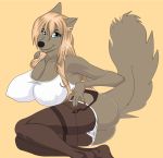 2019 anthro biped black_eyebrows black_nose blue_eyes breasts brown_hair butt canid canine canis cleavage clothed clothing digital_media_(artwork) eyebrows eyelashes female fur garter_belt garter_straps grey_fur grey_tail hair legwear long_hair looking_at_viewer lying mammal nipple_outline nitroxzor on_side orange_background panties pantyhose shirt simple_background smile solo topwear underwear white_clothing white_shirt white_topwear wolf 
