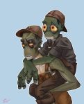  2018 alf_(oddworld) alien bottomwear carrying clothed clothing digital_drawing_(artwork) digital_media_(artwork) duo green_body hat headgear headwear humanoid male mudokon not_furry oddsod oddworld overalls pants piggyback shirt simple_background smile standing toby_(oddworld) topless topwear video_games yellow_sclera young 