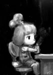  2019 ambiguous_gender animal_crossing anthro black_background bottomwear canid canine canis chair chibi clothed clothing coffee_mug desk domestic_dog greyscale holding_object isabelle_(animal_crossing) mammal monochrome nintendo office_chair panzery25 signature simple_background sitting skirt solo steam vest video_games 