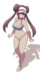  bikini blue_bikini_top blue_eyes breasts brown_hair cleavage double_bun highres lamb-oic029 looking_at_viewer mei_(pokemon) open_mouth pokemon shadow swimsuit twintails visor_cap walking yellow_bikini_bottom 