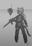  2019 ambiguous_gender anthro assault_rifle belt clothed clothing domestic_cat felid feline felis gradient_background grey_background greyscale gun holding_object holding_weapon looking_at_viewer mammal monochrome panzery25 ranged_weapon rifle signature simple_background solo standing utility_belt vest weapon 