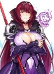  bangs breasts cleavage clenched_teeth dress fate/grand_order fate_(series) gae_bolg hair_between_eyes headpiece large_breasts okitakung polearm purple_dress purple_hair red_eyes scathach_(fate)_(all) scathach_skadi_(fate/grand_order) teeth tiara weapon 