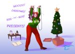  2017 beverage book breasts christmas clothed clothing dialogue drunk eyes_closed female fully_clothed hair holidays human human_only legwear mammal not_furry open_mouth red_hair simple_background smile socks solo standing sweater topwear tree watsup 