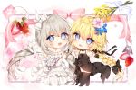  2girls bangs bare_shoulders black_bow black_dress black_footwear black_gloves black_legwear blonde_hair blue_eyes blue_flower bow chibi commentary dress english_commentary eyebrows_visible_through_hair fate_(series) flower food fruit gloves grey_hair hair_between_eyes hair_bow hair_flower hair_ornament heart highres jeanne_d&#039;arc_(fate) jeanne_d&#039;arc_(fate)_(all) low_twintails marie_antoinette_(fate/grand_order) multiple_girls pink_flower purple_flower see-through shoes sleeveless sleeveless_dress standing strawberry strawberry_blossoms taya_5323203 thighhighs twintails white_bow white_dress white_footwear white_gloves yellow_flower 