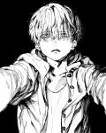  adam&#039;s_apple bangs black_background buttons collarbone earrings eyebrows_visible_through_hair eyes_visible_through_hair greyscale hatching_(texture) highres jacket jewelry maki_keigo male_focus monochrome original parted_lips simple_background staring 
