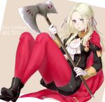  1girl axe blonde_hair blue_eyes blush cape cravat edelgard_von_hresvelgr_(fire_emblem) fire_emblem fire_emblem:_fuukasetsugetsu gloves hair_ornament hair_ribbon haru_(nakajou-28) long_hair looking_at_viewer pantyhose red_cape ribbon simple_background solo uniform weapon white_background 