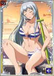  1girl bikini blue_bikini breasts card_(medium) chouun_shiryuu closed_eyes collarbone dusk groin head_tilt highres holding ikkitousen large_breasts long_hair navel open_mouth outdoors shiny shiny_hair shiny_skin ship silver_hair sitting solo striped striped_bikini swimsuit torn_bikini very_long_hair watercraft 