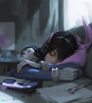  1girl blue_bodysuit blurry blurry_foreground bodysuit brown_hair bunny_pillow closed_eyes commentary d.va_(overwatch) depth_of_field derivative_work english_commentary facial_mark gloves gun handgun headphones highres long_hair overwatch photo-referenced pillow pilot_suit pistol rui_li shoulder_pads sleeping solo weapon whisker_markings white_gloves wrench 