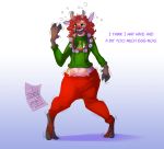  2017 anthro capreoline cervid christmas clothing dialogue drunk female green_eyes hair half-closed_eyes holidays hooves horn human_to_feral mammal paper red_hair reindeer simple_background solo species_transformation standing sweater teats topwear transformation watsup 