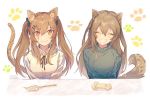  2girls animal_ears bangs brown_hair cat_ears cat_tail closed_eyes closed_mouth commentary_request dog_ears dog_tail girls_frontline hair_between_eyes hair_ornament hairclip long_hair looking_at_viewer moa_(21energy12) multiple_girls paw_background scar scar_across_eye tail teeth twintails twitter_username ump9_(girls_frontline) white_background 