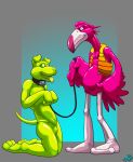  2017 3_toes animate_inanimate anthro avian beak begging bird canid canine canis clothing collar digital_drawing_(artwork) digital_media_(artwork) domestic_dog duo flamingo green_eyes green_tongue inflatable kneeling leash living_inflatable male mammal petplay puppyplay rip_k roleplay rubber simple_background smile taft toes tongue tongue_out vest 