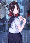  1girl absurdres bangs black_sailor_collar blue_skirt blurry blurry_background blush brown_eyes brown_hair building closed_mouth cloud cloudy_sky commentary_request day depth_of_field eyebrows_visible_through_hair folded_ponytail hair_ribbon highres holding holding_umbrella kaguya-sama_wa_kokurasetai_~tensai-tachi_no_renai_zunousen~ looking_at_viewer looking_to_the_side norazura outdoors parted_bangs pleated_skirt rain red_ribbon ribbon sailor_collar shinomiya_kaguya shirt short_sleeves sidelocks skirt sky skyscraper smile solo transparent transparent_umbrella umbrella white_shirt 