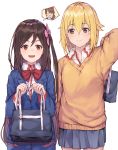  2girls :d bag bangs black_cola blazer blonde_hair blue_jacket blue_skirt bow brown_hair brown_sweater closed_mouth collared_shirt commentary_request eyebrows_visible_through_hair flower hair_between_eyes hair_flower hair_ornament hand_up highres hitori_bocchi hitoribocchi_no_marumaru_seikatsu holding holding_bag honshou_aru jacket long_hair multiple_girls o_o one_side_up open_mouth pink_flower pleated_skirt red_bow red_eyes school_bag shirt simple_background skirt smile sunao_nako sweater v-shaped_eyebrows very_long_hair white_background white_shirt 