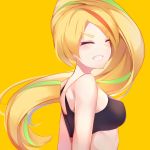  absurdres arms_behind_back black_bra blonde_hair bra closed_eyes green_hair highres long_hair multicolored_hair nikaidou_saki orange_hair smile sports_bra streaked_hair underwear wmicetea zombie_land_saga 