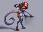  2018 anthro barely_visible_genitalia barely_visible_pussy breasts butt digitigrade dragon female green_eyes grey_background hair horn long_tail looking_at_viewer nipples nude pussy red_hair simple_background smile solo standing watsup 